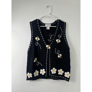 Mandal Bay Sweater Vest Sz L Embroidered Bumble Bee Flower Teacher Grannycore